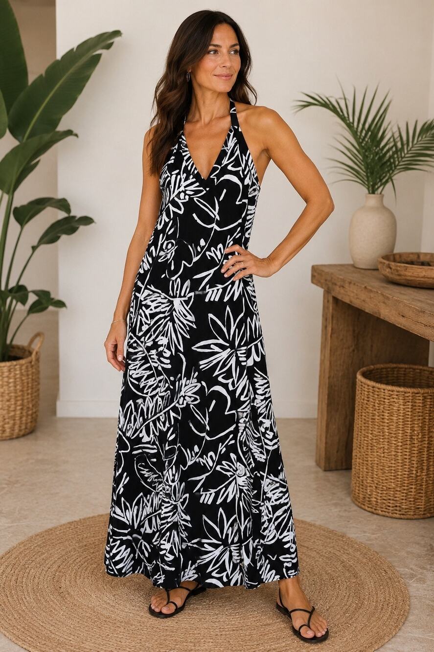 NWT Chico's Floral Elegance Halter Maxi Dress Black White Size 1